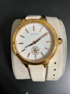 Tory Burch Gold and White Logo Dial Leather Strap Watch